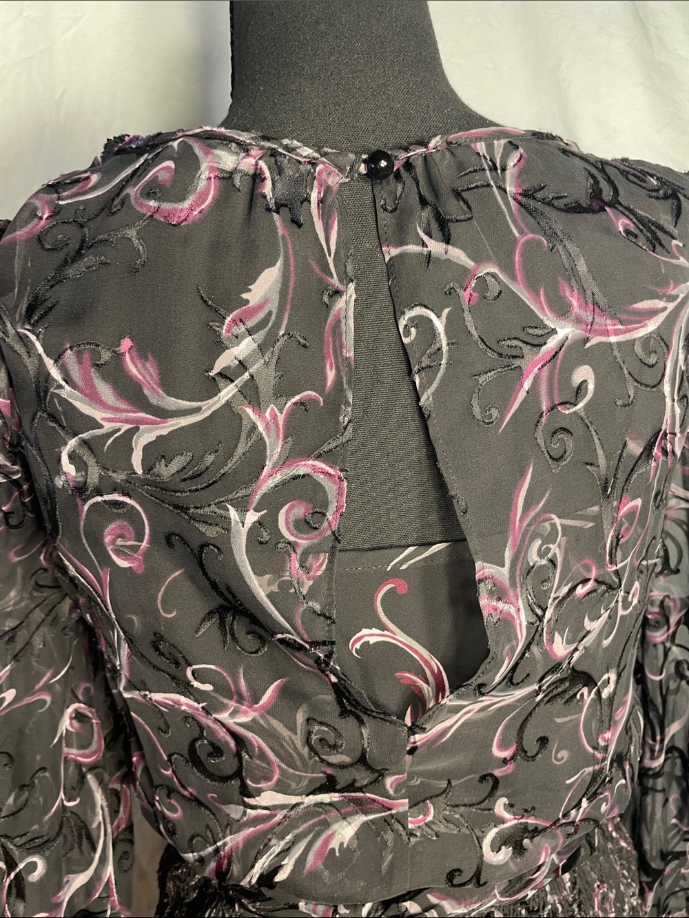 White House Black Market Black Sheer Blouse with Pink Scroll Print - Picture 7 of 12